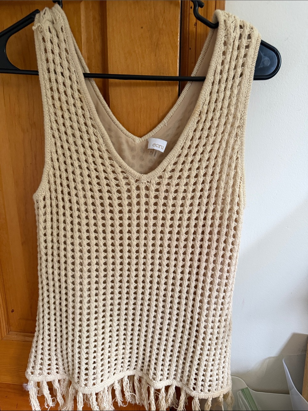 ecru Crochet Open-Weave Fringe Tank Top - Cream